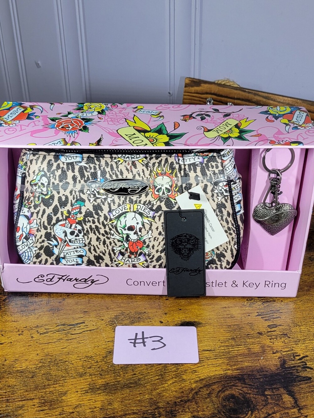 Ed Hardy Convertible Wristlet & Key Ring - Leopard Tattoo Print, Accents - Picture 9 of 11